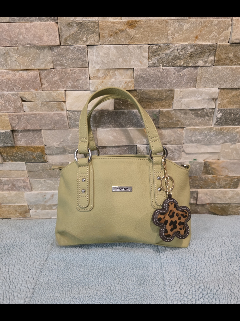 Koltov Sage Green Top-Handle Satchel with Leopard Charm